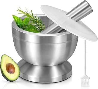 Pestle and Mortar Set, Sopito Stainless Steel Mortar Bowl and Pestle with Lid and Anti Slip Base for Herbs, Garlic, Ginger & Spices, 10cm(3.9") Diameter