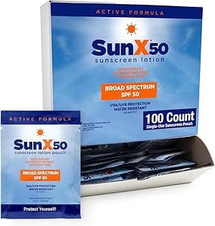 Sun X 50 SPF Broad Spectrum Sunscreen Packets - Pack of 100 Paraben, Oxybenzone, Octinoxate, & Oil Free Sunscreen - No White Cast and Water Resistant Up to 80 Minutes