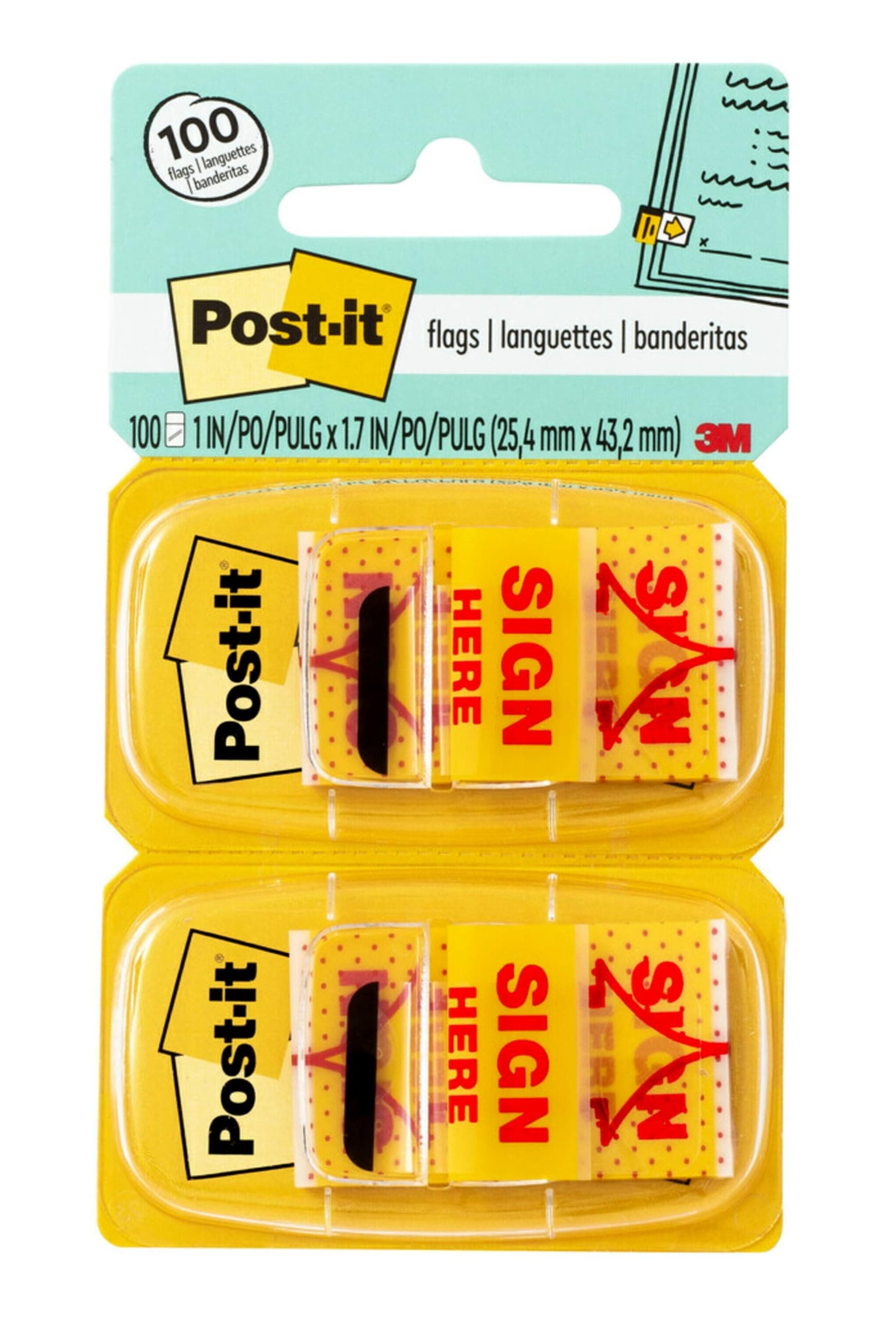 Post-it Message Flags, Sign Here, 50/Dispenser, 2 Dispensers/Pack, 1 in Wide, Yellow (680-SH2)