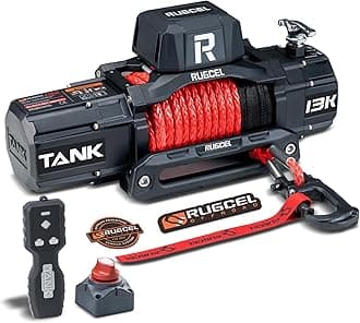 RUGCEL WINCH 13500lb Tank Waterproof Electric Synthetic Rope Winch 12V with Hawse Fairlead, 2 in 1 Wireless Remote,red Rope，for Truck SUV
