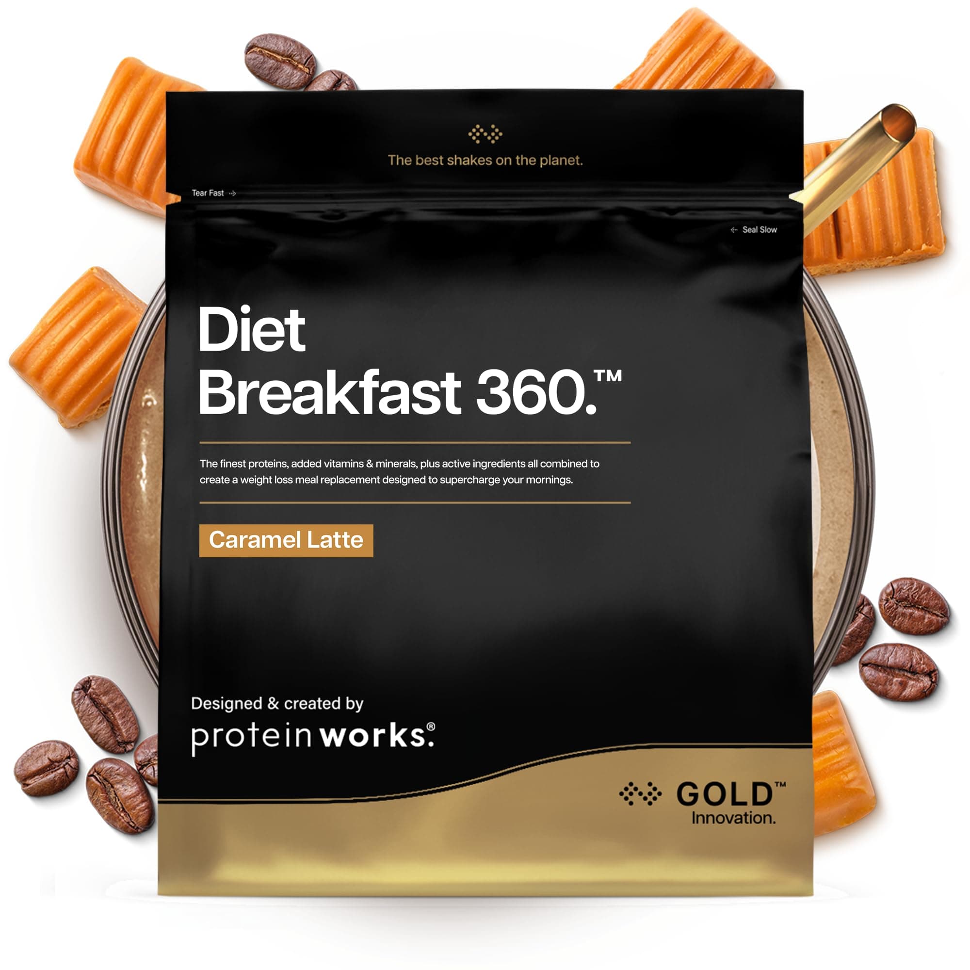 Protein Works | Diet Breakfast 360 - GOLD Innovation, On-the-Go Healthy Weight Loss Meal Replacement Shake, Added Caffeine, Low Sugar, Caramel Latte, 18 Servings, 1kg