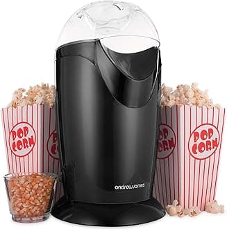 Andrew James Popcorn Maker Machine, Healthy Air Popper, Popcorn Machine with 8 American Cinema Style Boxes, 1200W, Black