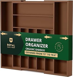 ROYAL CRAFT WOOD Luxury Bamboo Kitchen Drawer Organizer - Silverware Organizer - Utensil Holder and Cutlery Tray with Grooved Drawer Dividers for Flatware and Kitchen Utensils (9 Slot, Brown)