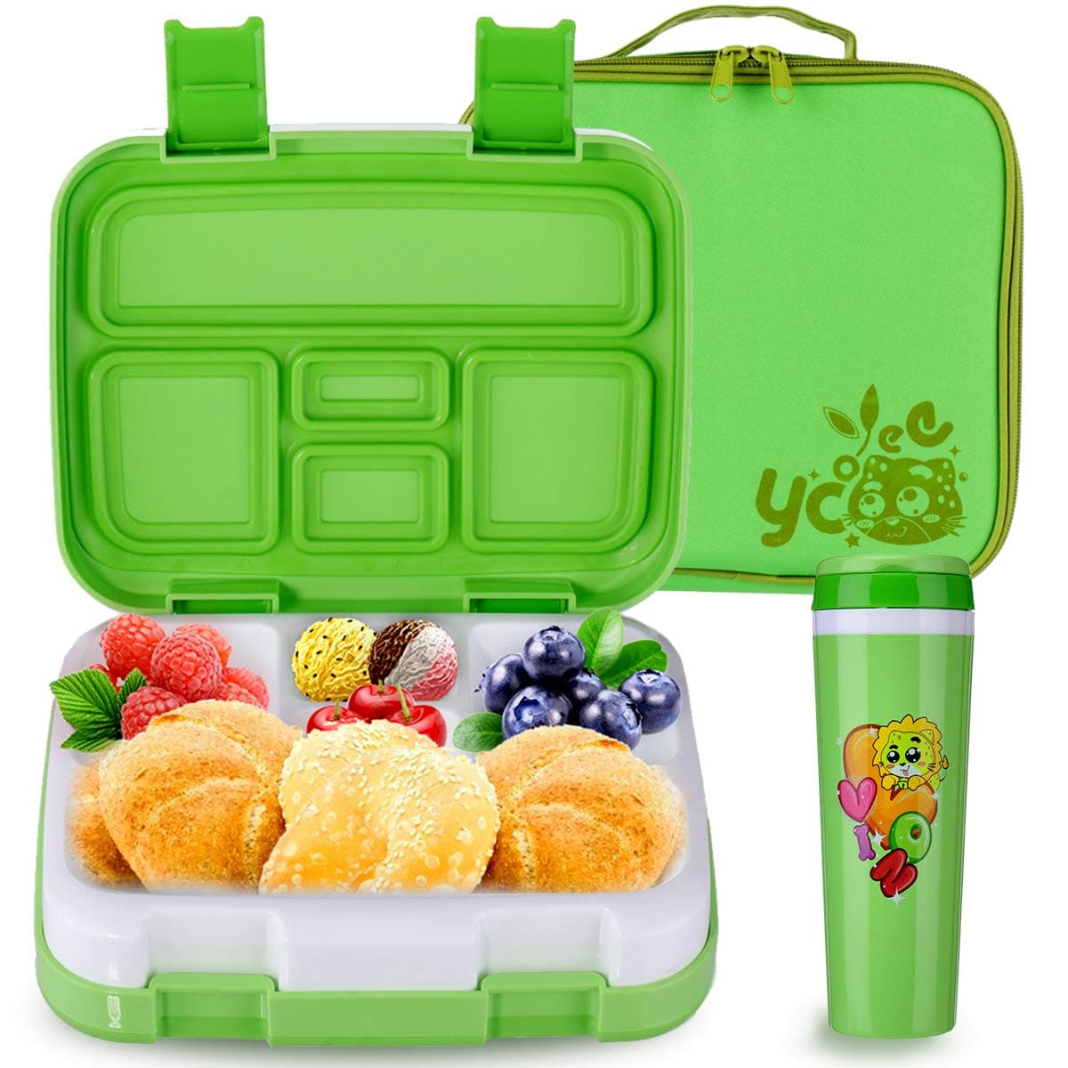 Bento Box Sets for Kids, Childrens Lunch Boxes Container Sets with Spoon 5 Compartment Leak Proof Food Containers BPA Free Durable for School (Green)