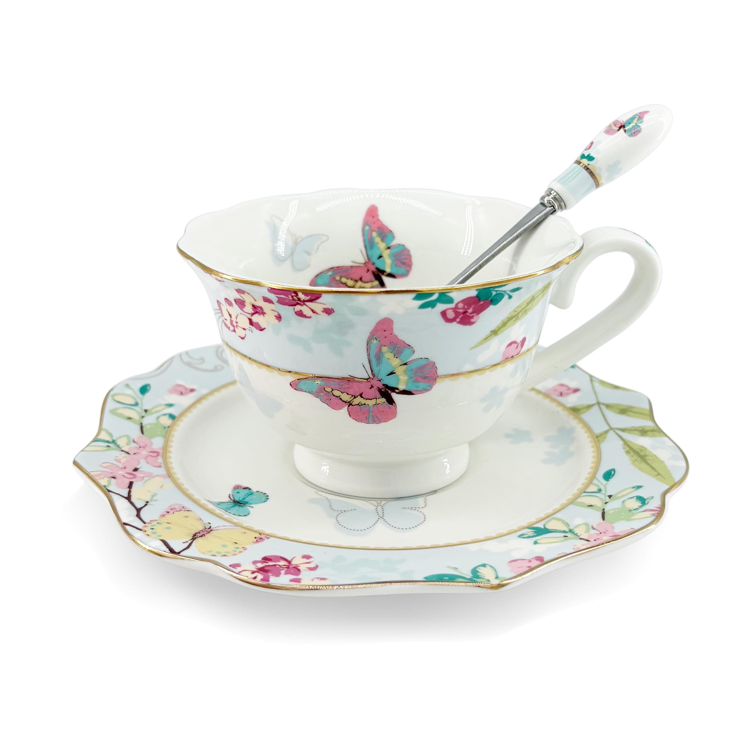 Vintage Ceramic Teacup, Elegant Coffee Cup, Royal Bone Tea Cups with Spoon and Saucer Set (Blue)