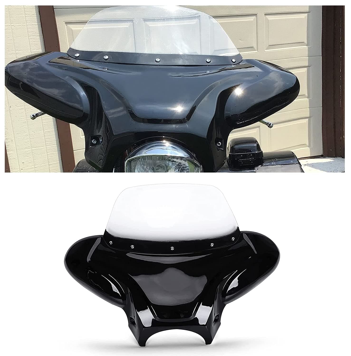 ECOTRIC Universal Motorcycle Cruiser Front Outer Fairing Batwing w/Clear Windshield 37" Wide x 24" Tall Bat Wing Transparent Black ABS Plastic Durable
