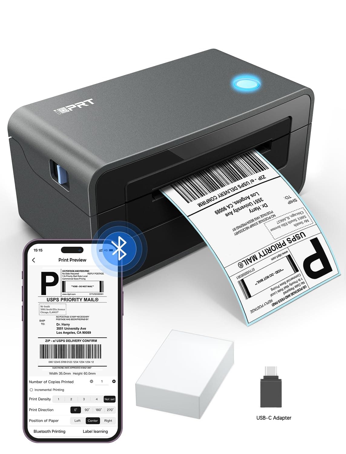 iDPRT Bluetooth Thermal Shipping Label Printer for Phone, 4x6, Supports Windows/Mac/iOS/Android, Ideal for Small Business and Shipping Packages