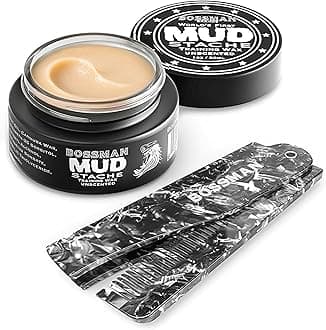 Bossman MUDstache Mustache Wax for Men + Acetate Folding Mustache & Beard Comb – Unscented Styling and Grooming Kit