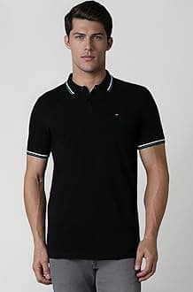 Louis Philippe Men's Slim Fit Textured Collar and Cuff Solid Pique Half Sleeve Polo T-Shirt with Stretch