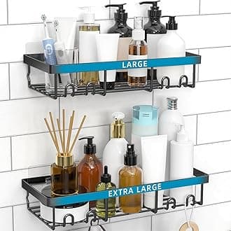 Moforoco Shower Caddy Shelf Organizer Rack, Self Adhesive Black Bathroom Shelves Basket, Home Farmhouse Wall Inside Organization and Storage Decor Rv Accessories, First Camper Apartment Essentials