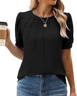 WEACZZY Womens Puff Short Sleeve Tops Dressy Casual Crew Neck Pleated T Shirts Cute Blouse Tunic Top Fashion Clothes 2024