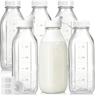 6 Pack Glass Milk Bottles 1L Glass Milk Bottles Set of 6, Reusable Glass Bottles with Airtight Lid and Scale Mark, Glass Juice Bottles for Homemade Almond Milk and Beverage for Fridge