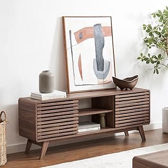 mopio Ensley 59" Tall TV Stand with Slatted Door, Mid Century Modern Entertainment Center for 55-65 inch TV, Farmhouse Media Console with Storage, Adjustable Shelves, Round Edges, Living Room (Walnut)