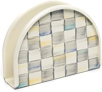 MACKENZIE-CHILDS Enamel Napkin Holder, Kitchen Napkin Holder for Table and Countertop, Gray-and-White Sterling Check