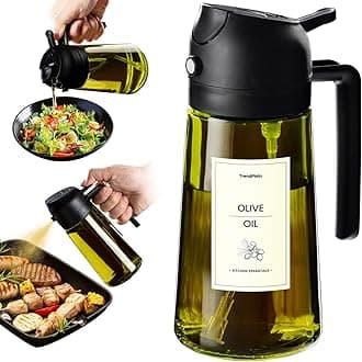 470ml Olive Oil Spray Bottle - 2 in 1 Olive Oil Dispenser Bottle for Kitchen Accessories - Kitchen Gadgets, For Air Fryer - with Stickers, Light Blocking - Black