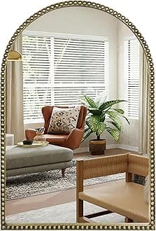 Antique Gold 24"x36" Arched Wall Mirror with Metal Beaded Frame - Decorative Accent Wall Mirror for Bathroom, Bedroom, Living Room, Entryway