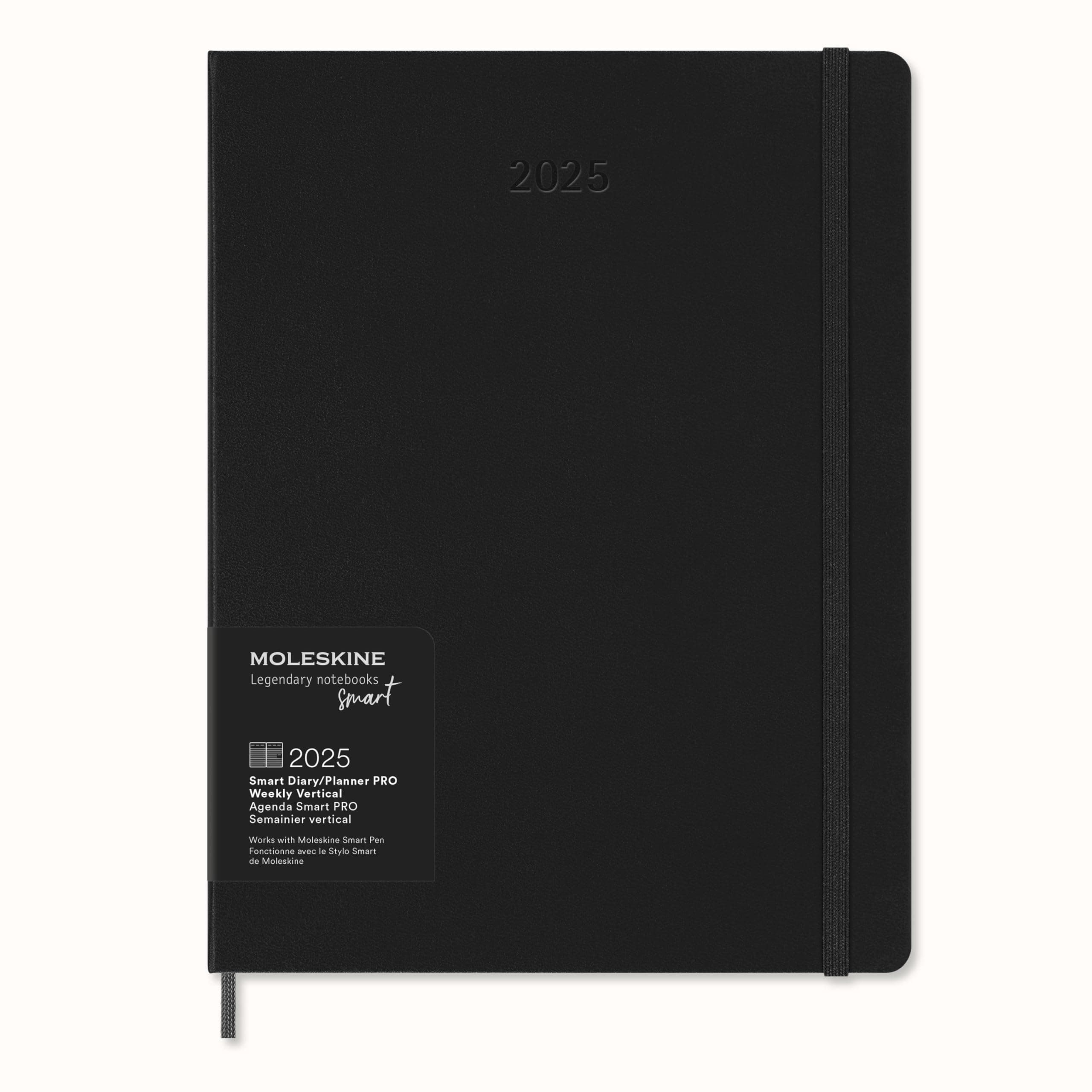 Moleskine 12 Month 2025 PRO Smart Weekly Vertical Planner, Hard Cover, XL (7.5" x 9.5") Black - Compatible with Moleskine Pen+ (Sold Separately) & App