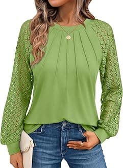 AUTOMET Womens Long Sleeve Shirts Lace Tops Business Casual Blouses 2025 Fall Fashion Teacher Outfits Trendy Clothes Knit T Y2k Ladies Dressy Work Professional Clothing LightGreen S