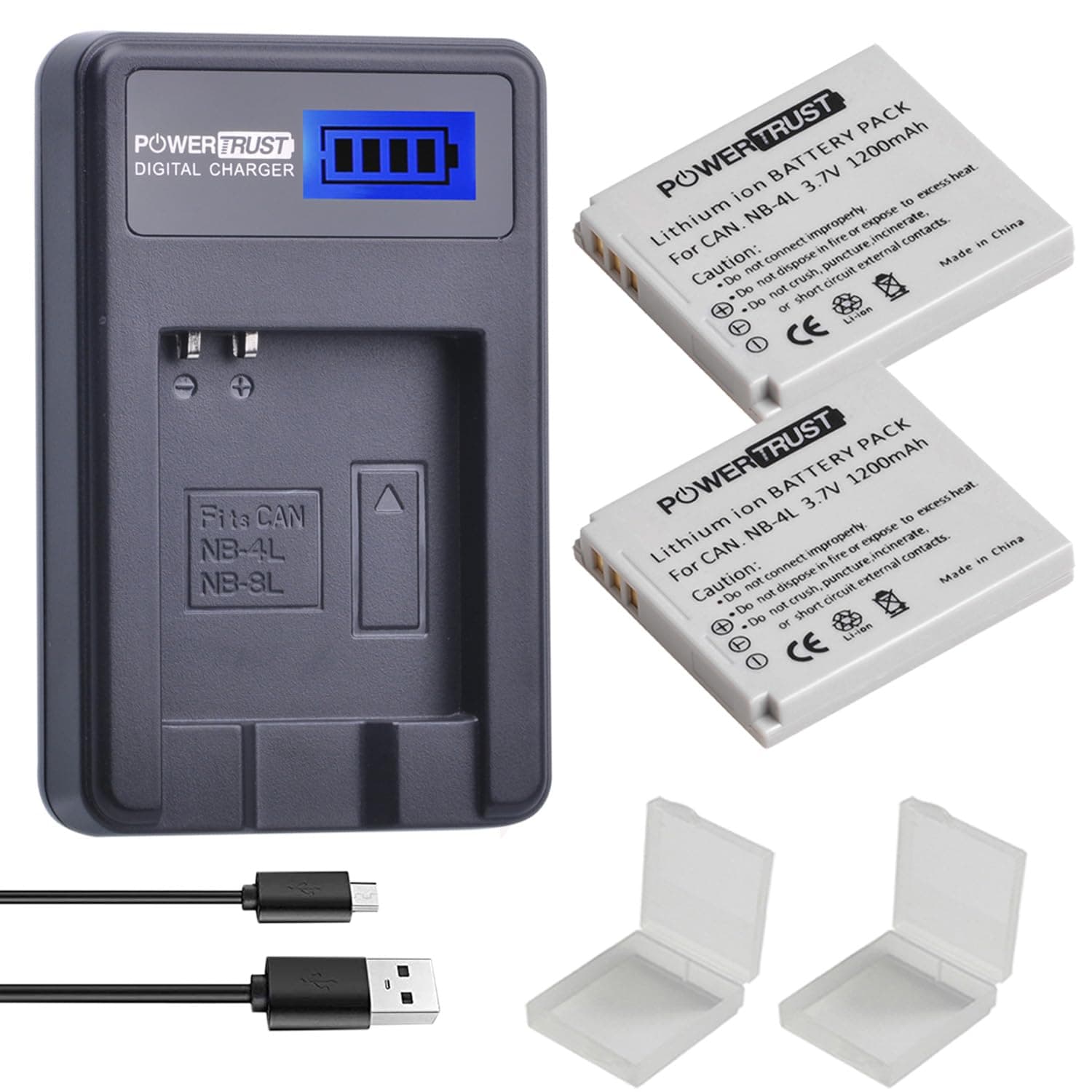 2-Pack 1200mAh 3.7V NB-4L Battery & LCD USB Charger for Canon IXUS & PowerShot Models