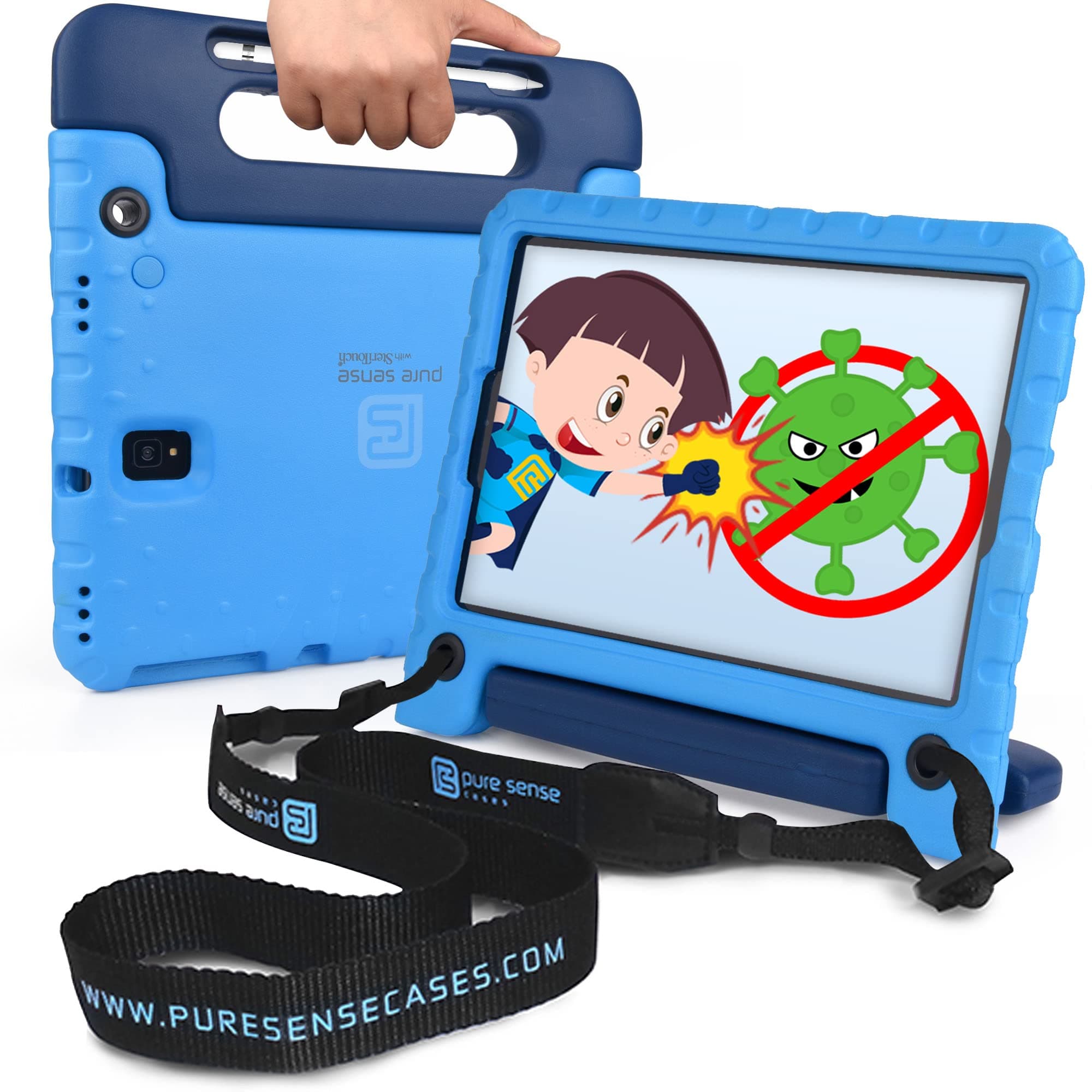 Pure Sense Buddy [Anti-Microbial Kids Case] Child Proof Case for Samsung Tab E 9.6 | Full Kit: Case, Shoulder Strap, Screen Protector, Spray