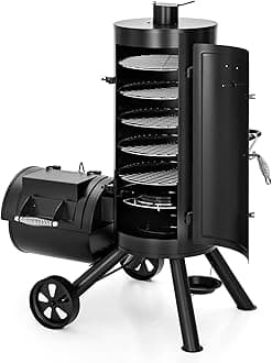 - MFSTUDIO Heavy Duty Charcoal Vertical Offset Smoker Grill, Extra Large BBQ Barrel &Drum Smoker and Grill Combo with Hanging Hooks and 5 Removable Grates for Outdoor Smoking, 961 SQ.IN. Cooking Area