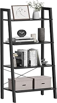VASAGLE Ladder Shelf, 4-Tier Bookshelf, Storage Rack, Bookcase with Steel Frame, for Living Room, Home Office, Kitchen, Bedroom, Industrial Style, Charcoal Gray and Black ULLS044B04
