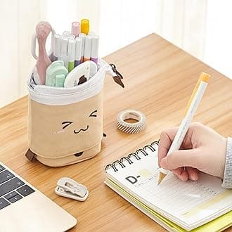 ANGOOBABY Cute Pencil Case Standing Pen Holder Telescopic Makeup Pouch Pop Up Cosmetics Bag with Kawaii Smile Face Stationery case Office Organizer Box for Girls/Boys Students Women Adult (Brown)