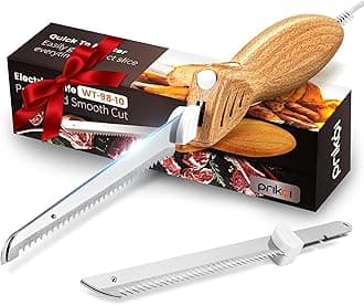 Electric Knife - Easy-Slice Serrated Edge Blades for Carving Meat, Bread, Turkey, Ribs, Fillet, DIY, Ergonomic Handle + 2 Blades for Raw & Cooked Food(Faux Wood)