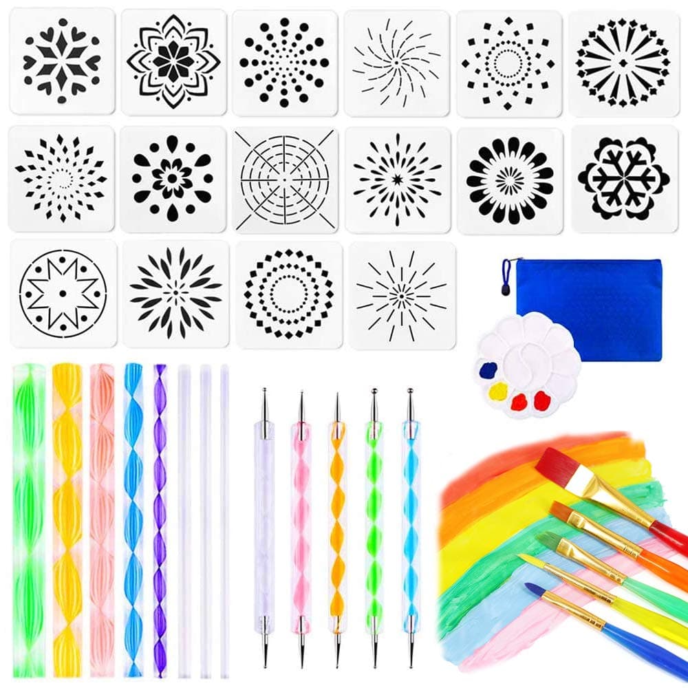 37 Pieces Mandala Dotting Tools Painting Kit, Rock Dot Paint Stencils Tool Set, Dotting Tools with Brushes and Paint Tray for Art Rock Painting.