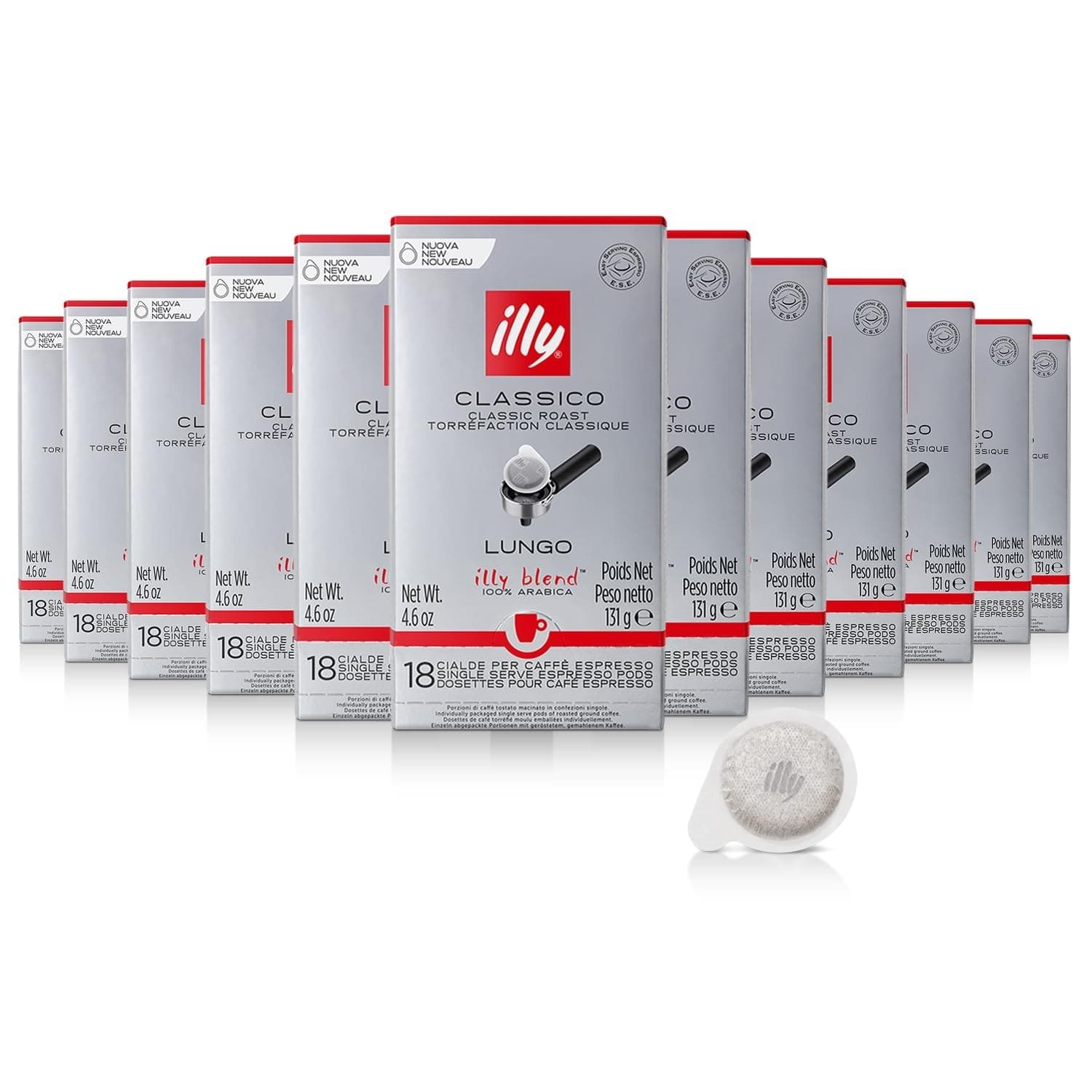 illy Coffee ESE Capsules, Classico Lungo Medium Roast Coffee Pods, 100% Arabica, Premium Italian Blend, Single Serve, 18 Count, 12 Pack