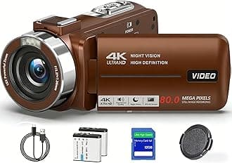 4K Camcorder Video Camera Ultra HD 80MP IR Night Vision Vlogging Camera for YouTube,18X Digital Zoom Camcorder Recorder 3.0" 270°Rotation IPS Screen with 32GB SD Card, Lens Cap and 2 Batteries Brown