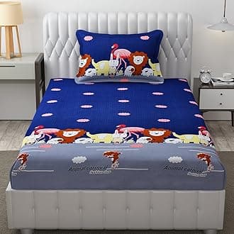 FRESH FROM LOOM Glace Cotton Wrinkle Free Soft Hypoallergenic Bed Sheet | Cartoon Printed Single Bedsheet Size for Kids with 2 Pillow Cover (60x90 Inches/Dinosaur/Blue), 144 TC
