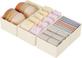 DIMJ Drawer Organizer, Foldable Fabric Storage System, Drawer Inserts for Cupboards, Wardrobe Organiser for Clothes, Beige, Pack of 4