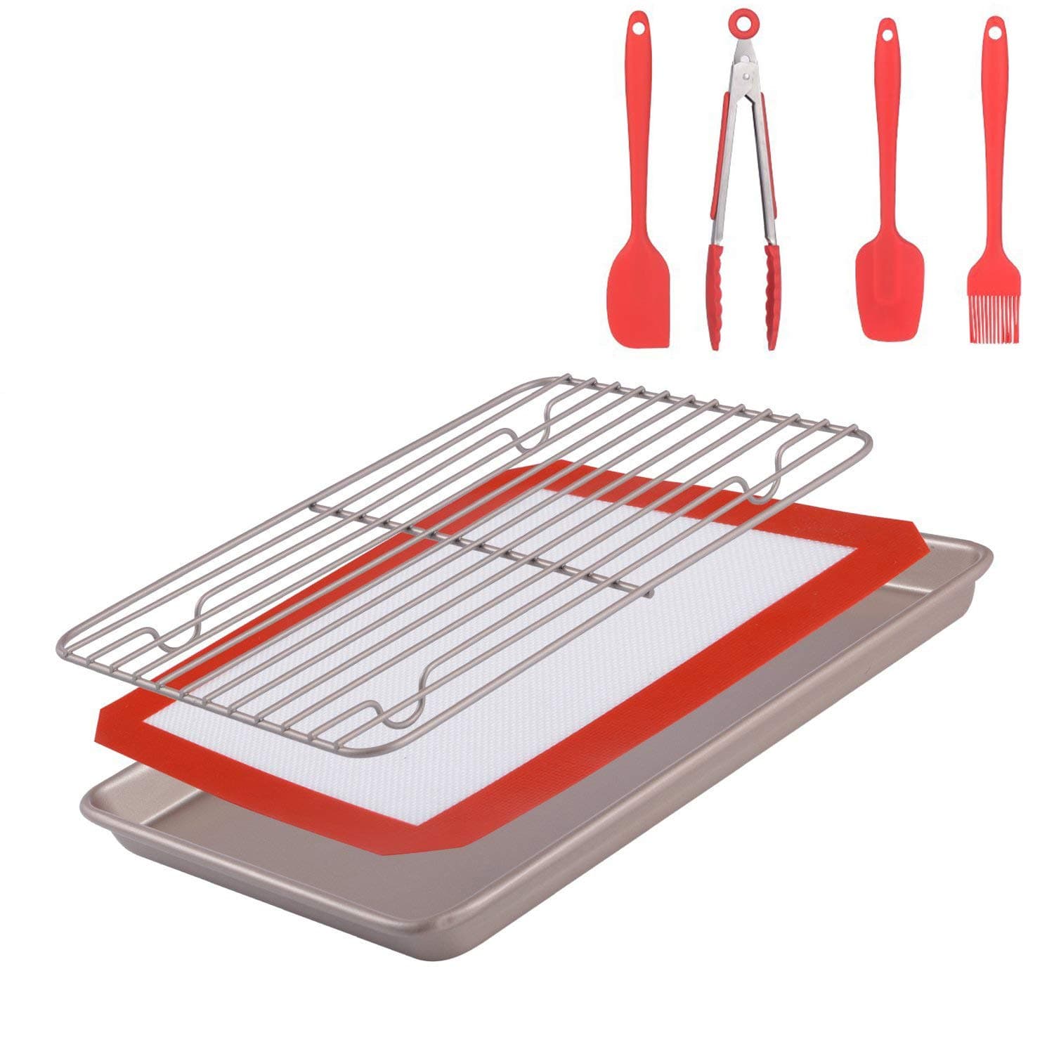 Merya Non-Stick Baking Pan &Silicone Baking Mat& Stainless Steel Cooling Rack &Silicone Basting Set(Oil Brush,Spatula,Spoon,Kitchen Tong) BBQ Grilling, Marinating,Baking .7 pcs/Set Baking Gift