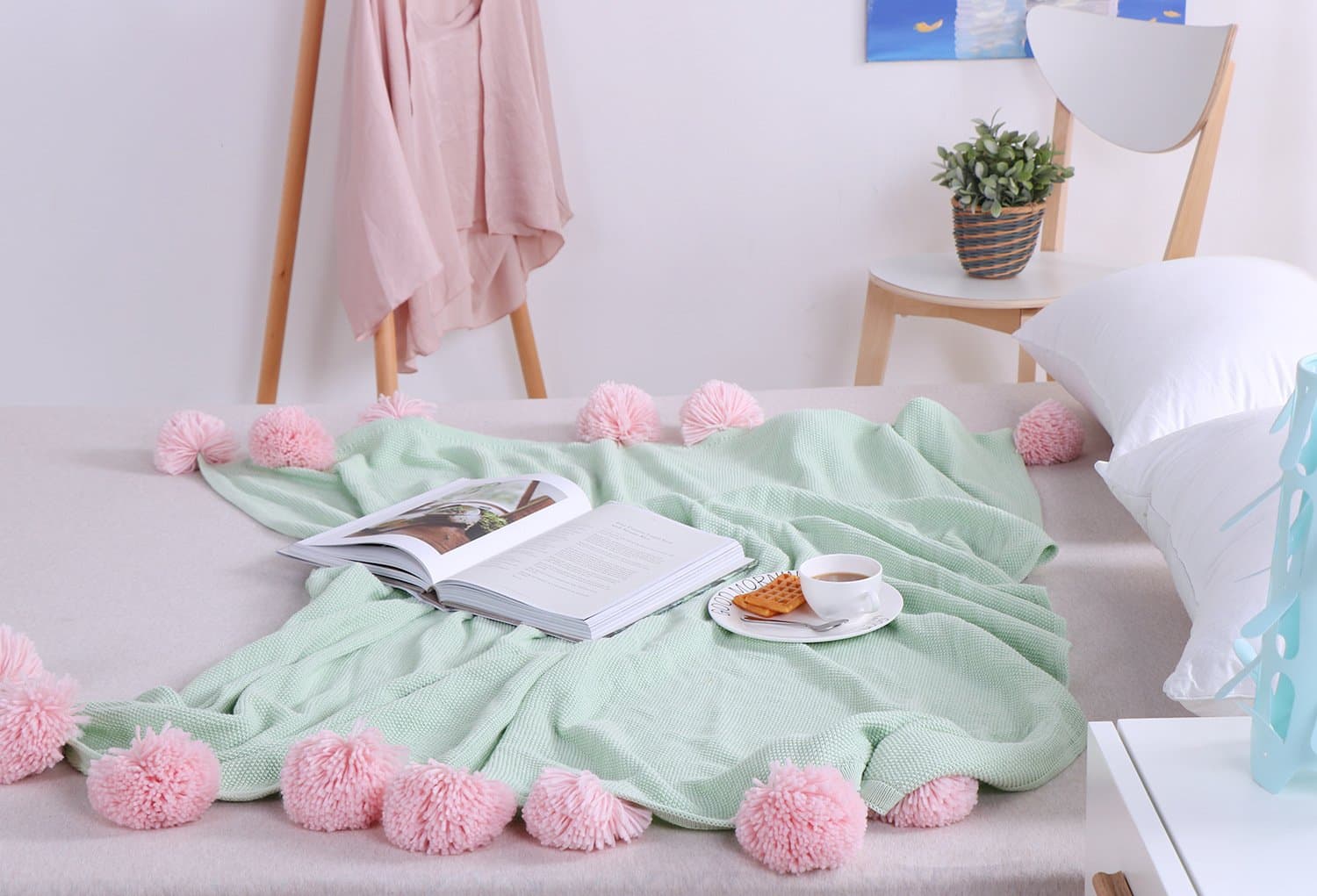 Throw Blankets with Pom Poms Handmade Cotton Cable Knitting Throw Sleeping Cover Blanket Rug for Kids or Adults Bedroom Sofa/Bed/Couch/Car/Living Room/Office (51x63 Inch, Mint)