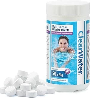 Clearwater 1 kg Multifunction Chlorine Tablets, 4-in-1 Dispenser Tablets (Sanitiser, Stabiliser, Algaecide and Clarifier) for Pools and Hot Tubs, 50 x 20 g, White