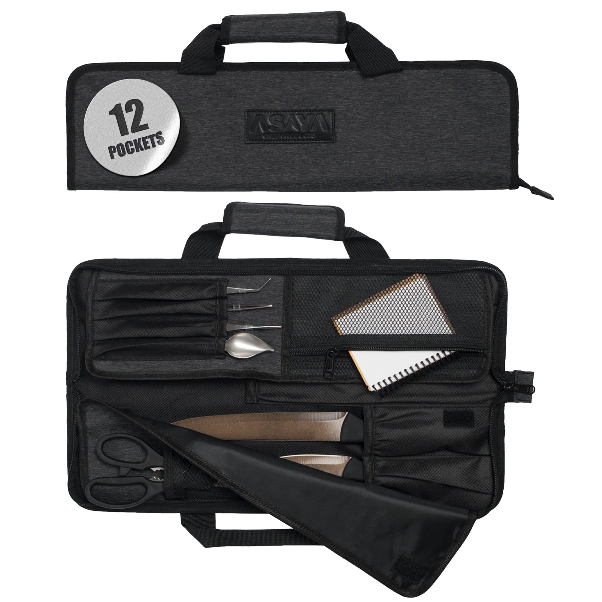 Asaya Chef Knife Roll Bag - 12-Pocket Chefs Case for Kitchen Knives and Utensils, Lightweight Stain-Resistant Waxed Nylon Chef Knife Bag - Knives Not Included (Black)