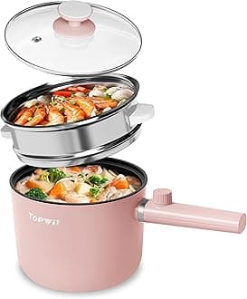 Topwit Hot Pot Electric with Steamer, 1.5L Ramen Cooker, Non-Stick Sauté Pan, Portable Cooking Pot, Electric Cooker with Dual Power Control, BPA Free, Over-Heating & Boil Dry Protection, Pink