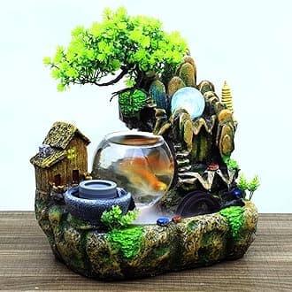 Fountain Waterfall Desktop with Light Indoor Fountain Zen Meditation Plants Stones LED Lamp Rockery Pump with Light Relaxation Resin Planter for Office Decoration