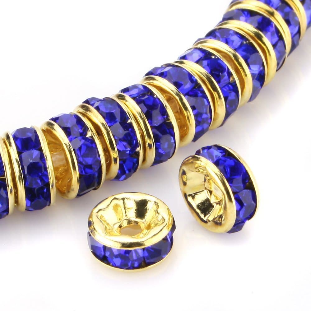 RUBYCA 100pcs Round Rondelle Spacer Bead Gold Tone 8mm Royal Blue Czech Crystal