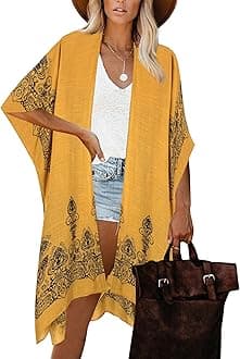 Moss Rose Women's Beach Cover up Swimsuit Kimono with Bohemian Floral Print, Loose Casual Resort Wear