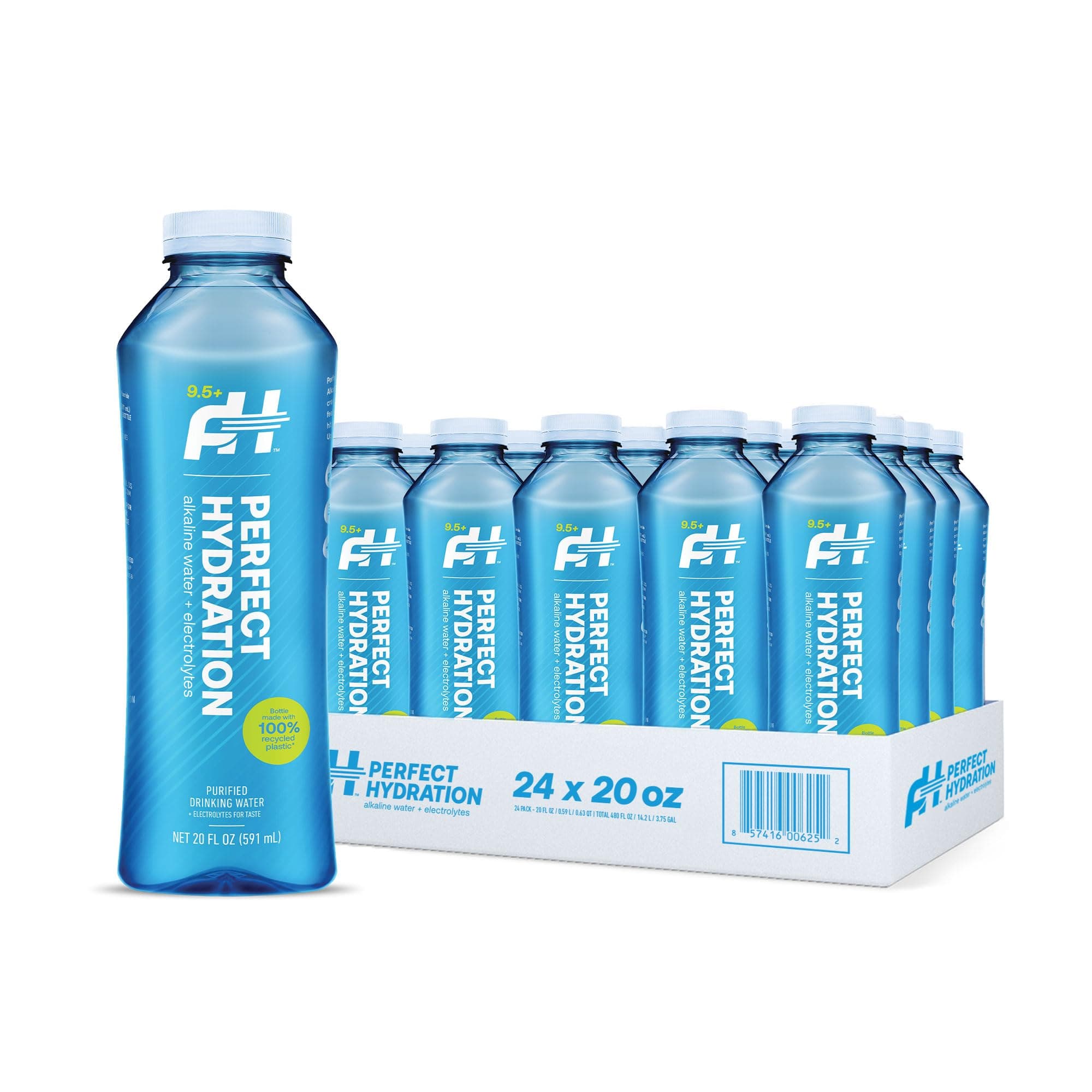Perfect Hydration 9.5+ pH Alkaline Drinking Water 100% Recycled Bottles Electrolyte Minerals for Taste 24 pack - 20 oz