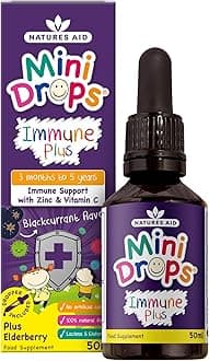 Natures Aid Mini Drops Immune Plus for Kids 50ml - Immune Support with Zinc and Vitamin C - Sugar Free, Vegan, Non-GMO, Natural Supplement for Infants and Children Age 0-5 Years Old - Dropper Included