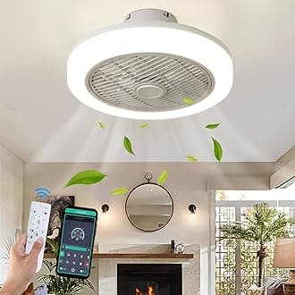 45CM LED Modern Flush Mount Ceiling Fan with Light and Remote - 6 Speed Dimmable Low Profile Bladeless with Timing, Reversible for Kitchen Bedroom (White)