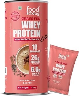 Foodstrong Whey Protein Powder (Concentrate + Isolate), 100% Hormone Free Grass-Fed Whey, 26G Protein & 6.6G BCAA, Coffee, With Turmeric & Digestive Enzymes, (16 Sachets), 560G