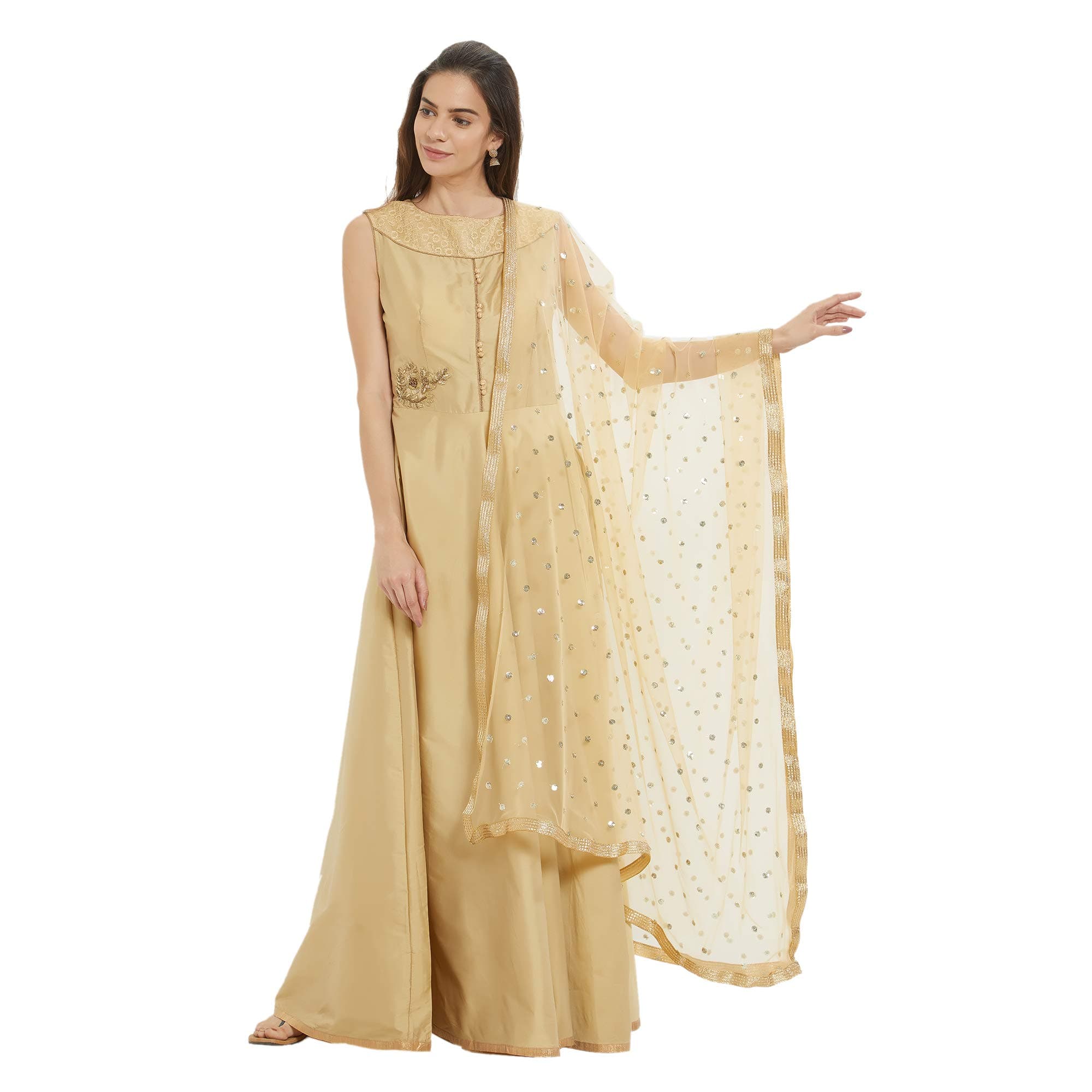 Woman's Embellished Beige Net Dupatta