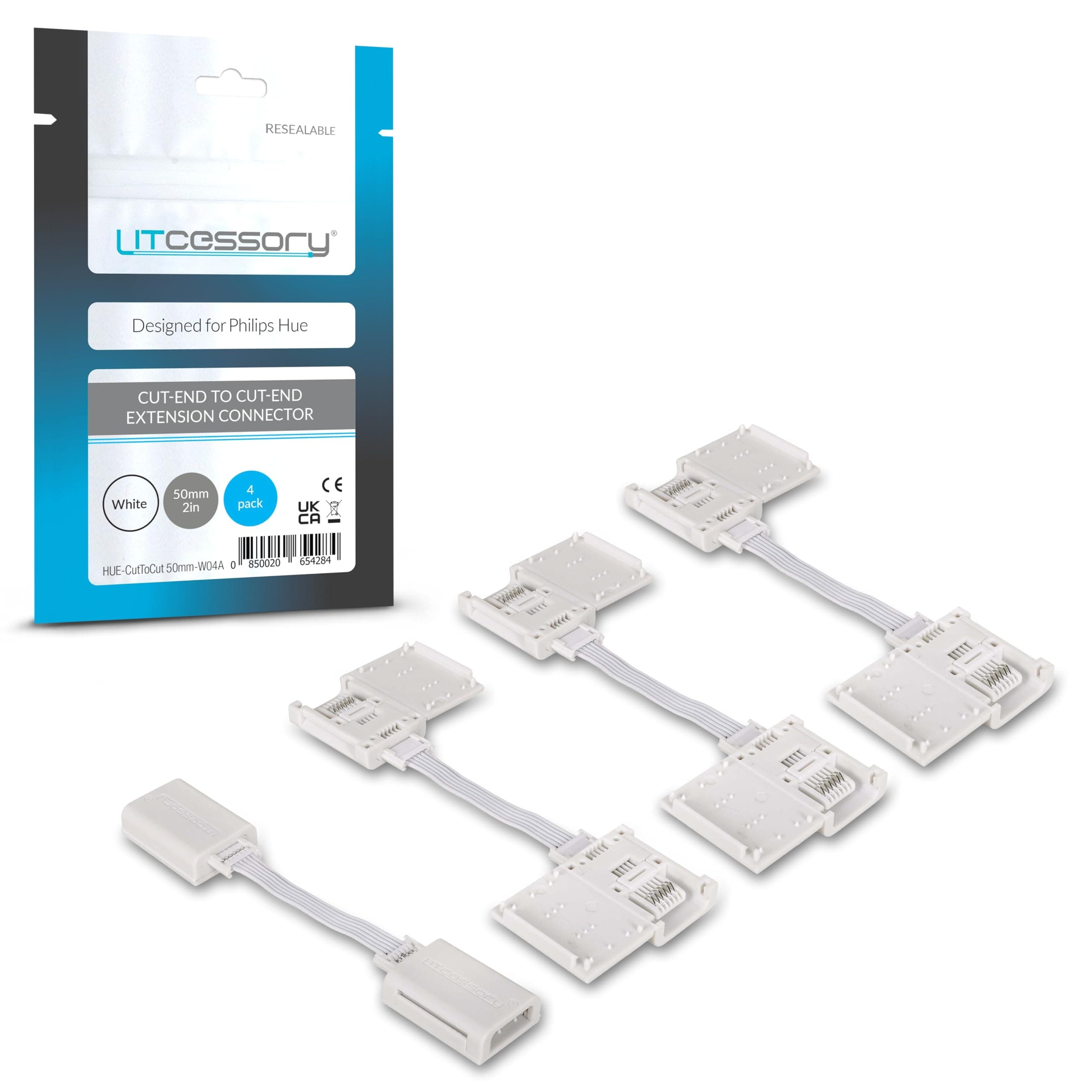 Litcessory Cut-End to Cut-End Extension Connector for Philips Hue/Solo Lightstrip (2in, 4 Pack, White - Micro 6-PIN V4 / Solo Lightstrip)