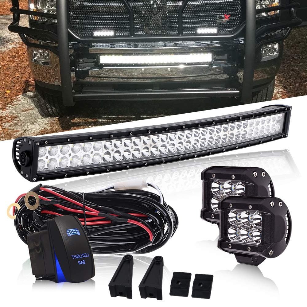 DOT 32 Inch 180W Curved LED light bar +2PCS 4 In 36W Cube Pods Driving Lights W/Rocker Switch DT Connector Wiring Harness For Offroad Boat SUV ATV Golf Cart UTV Truck Jeep Wrangler Polaris RZR Dodge