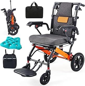 Super Lightweight Portable Transit Travel Wheelchair, Upgraded Folding Transport Wheelchairs (Weight 24lbs) for Adults and Seniors, Come with Telescopic Handle and Travel Bag