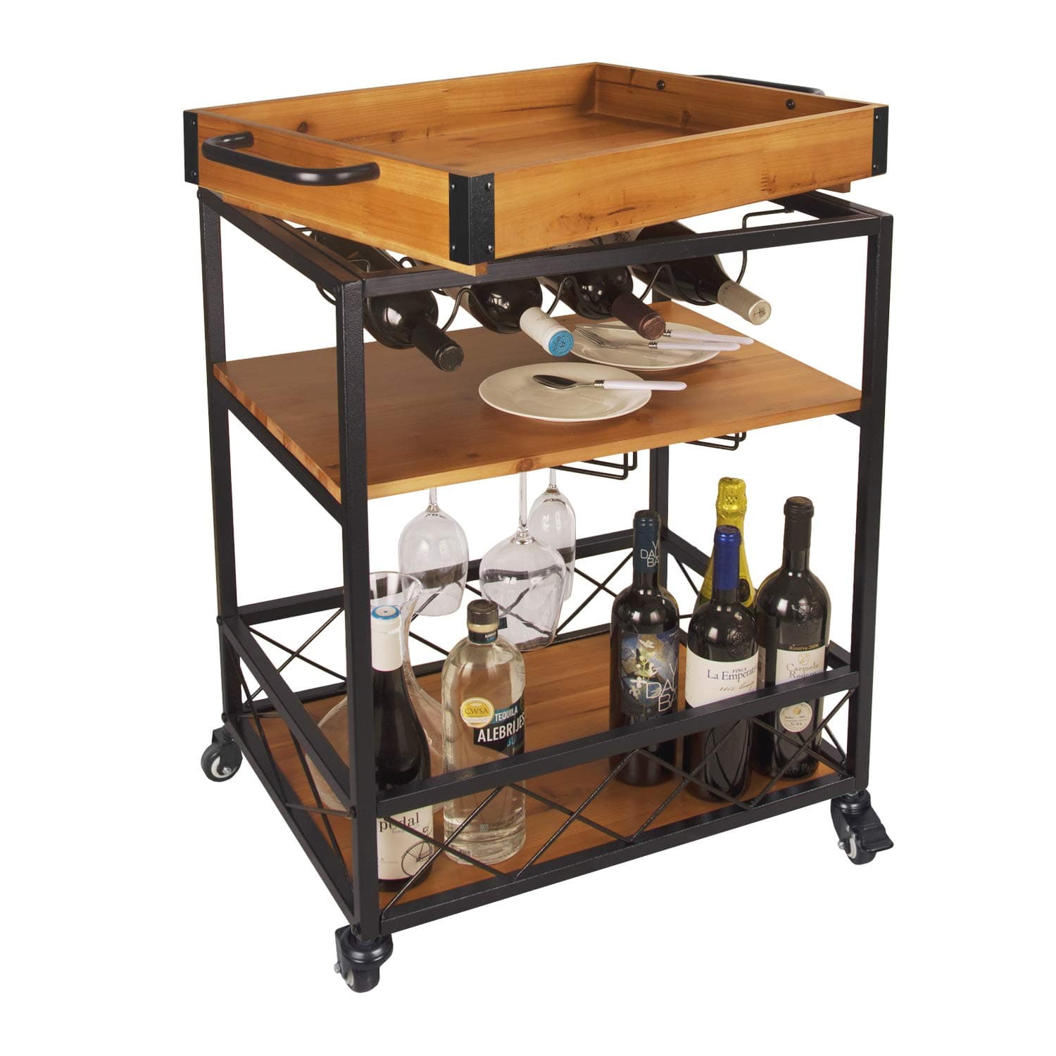 LEVE 24"x18" Solid Wood Kitchen Serving Cart Bar Buffet Cart 3 Tiers with Bottle and Goblet Holder (Light Walnut)